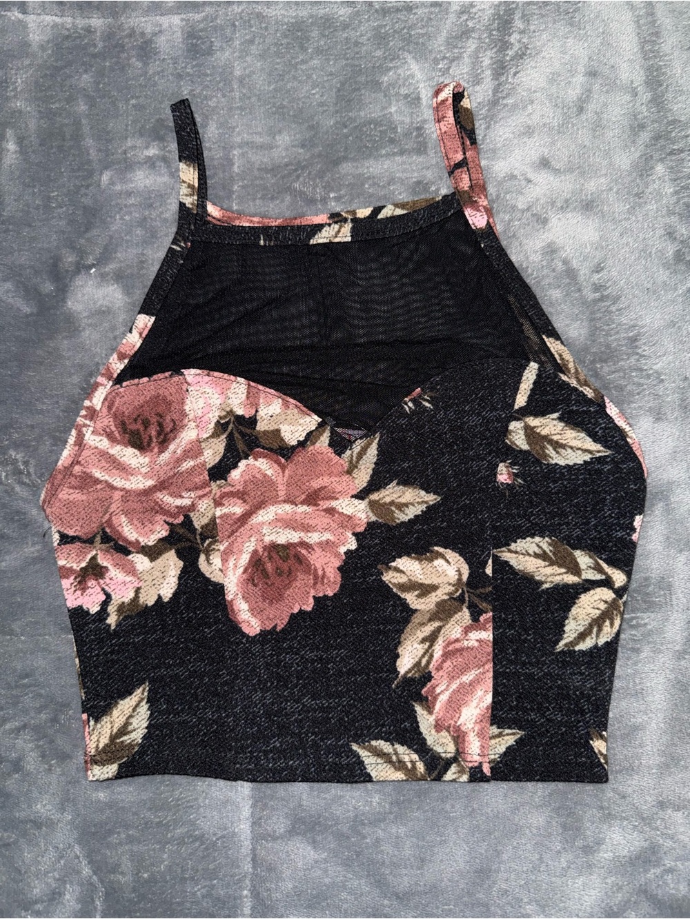 Floral Mesh Panel Crop Top - Black & Pink